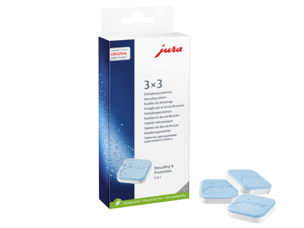 JURA 2-Phasen-Entkalkungstabletten Packung à 3x3 Stück, Produktansicht